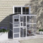 Large Wooden Outdoor, Cat Enclosure W 4 Tier Resting Rooms, 3 Platforms, 1 Soft Ladder, 2 Ramps, 1 Hammock, Gray - Image 2