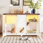 47.25 Large Cat Litter Box Enclosure With LED Light, Hidden Litter Box Furniture, Cat House With Stairs And Cat Scratching Post, Cat Cabinet Side Table With Smart Doors For Living Room, White - Image 2