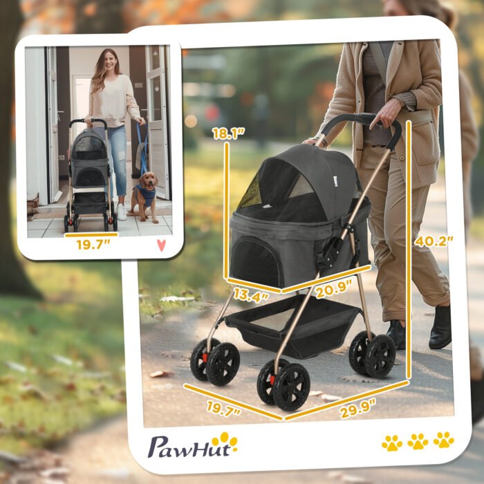 3 In 1 Pet Stroller With Detachable Carrier, Foldable Dog Stroller With Storage Basket, Cupholder, For Mini Dogs, Gray - Image 4