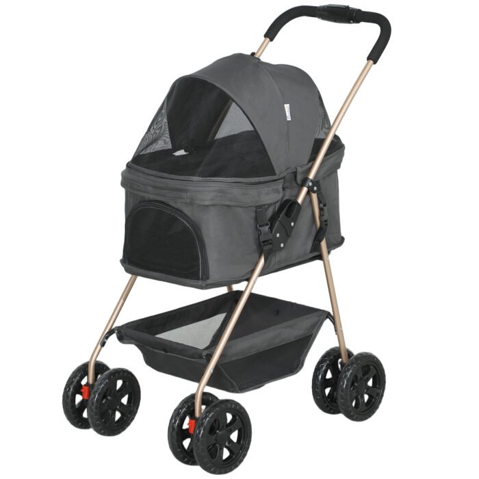 3 In 1 Pet Stroller With Detachable Carrier, Foldable Dog Stroller With Storage Basket, Cupholder, For Mini Dogs, Gray - Image 1
