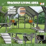 Large Catio Outdoor Cat Enclosure For Multiple Kittens, Wooden Cat House With 5 Platforms, 2 Resting Boxes, 1 Bridge And 1 Ramp, Walk In Kitty Cage Kennel With Sunshine Board Roof, Gray - Image 3