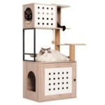 Cat Tree With Litter Box Enclosure, Allinone Cat Tower For Indoor Cats With Large Hammock, Bed, Food Station, Scratching Posts, Modern Style Pet Furniture, Gray White - Image 5
