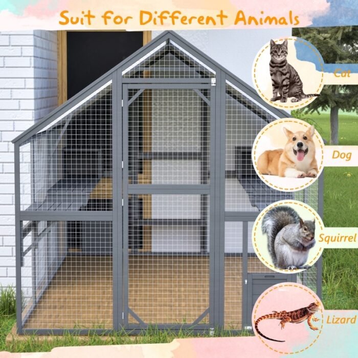 Extra Spacious Catio Outdoor Cat Haven, 110 Inch Luxury Cattery With Weather-Resistant Roof, Cat Climbing Ramp, Space Pod Bed, 2 Lounging Huts - Image 2