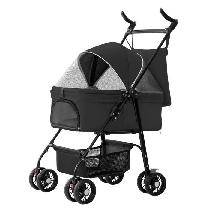 1Pc 4-Wheels Pet Stroller Foldable Carrier Strolling Cart Travel Jogger Pet Stroller With Removable Liner Storage Basket For Dog Cat - Image 1