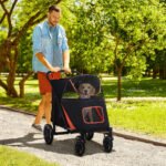 PawHut 1-Click Foldable Doggy Stroller For Medium Large Dogs, Pet Stroller With Storage, Smooth Ride With Shock Absorption, Mesh Window, Safety Leash, Big Dog Walking Stroller, Black
