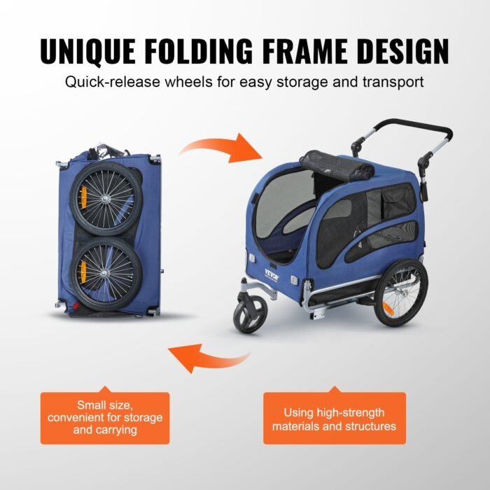 2-in-1 Pet Stroller Cart Bicycle Carrier, Easy Folding Cart Frame With Quick Release Wheels, Universal Bicycle Coupler, Reflectors, Flag, Blue Black - Image 10