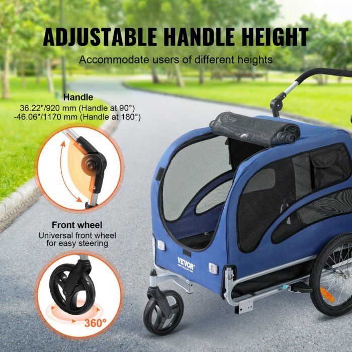 2-in-1 Pet Stroller Cart Bicycle Carrier, Easy Folding Cart Frame With Quick Release Wheels, Universal Bicycle Coupler, Reflectors, Flag, Blue Black - Image 1