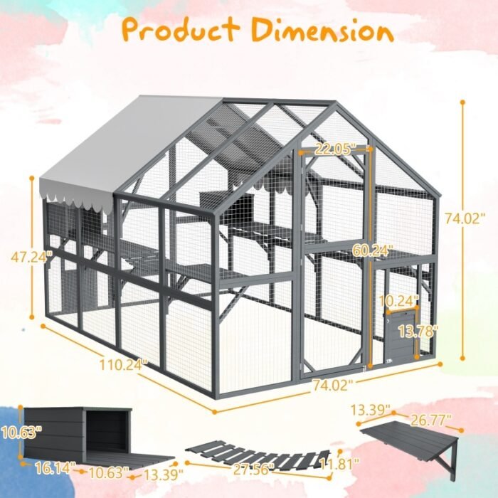 Extra Spacious Catio Outdoor Cat Haven, 110 Inch Luxury Cattery With Weather-Resistant Roof, Cat Climbing Ramp, Space Pod Bed, 2 Lounging Huts - Image 4