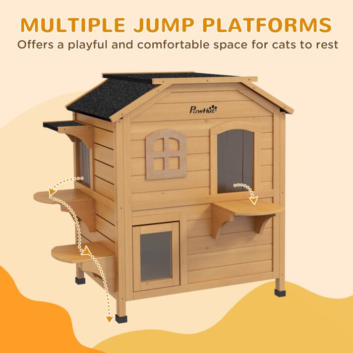 2-Story Wooden Outdoor Cat House Feral Shelter With Escape Door Asphalt Roof 4 Platforms Natural - Image 7