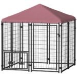 Welded Wire Outdoor Dog Kennel With 360 Rotating & 4 Levels Adjustable Bowls, Waterproof Cover, 4.6 X 4.6 X 5