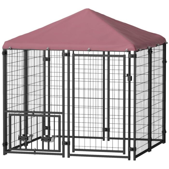 Welded Wire Outdoor Dog Kennel With 360 Rotating & 4 Levels Adjustable Bowls, Waterproof Cover, 4.6 X 4.6 X 5 - Image 1