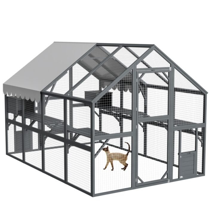 Extra Spacious Catio Outdoor Cat Haven, 110 Inch Luxury Cattery With Weather-Resistant Roof, Cat Climbing Ramp, Space Pod Bed, 2 Lounging Huts - Image 10