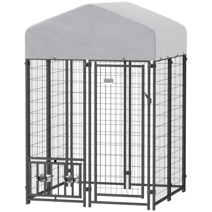 Welded Wire Outdoor Dog Kennel With 360 Rotating & 4 Levels Adjustable Bowls, Waterproof Cover, 3.9 X 3.9 X 6 - Image 1
