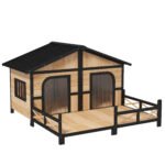 59x64x39 Large Wooden Dog House Raised Weatherproof Rustic Log Cabin Style Elevated Pet Shelter Porch Deck, Natural - Image 7
