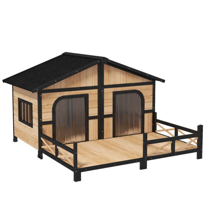 59x64x39 Large Wooden Dog House Raised Weatherproof Rustic Log Cabin Style Elevated Pet Shelter Porch Deck, Natural - Image 7